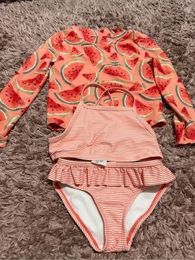 Carters Kids Coral Watermelon Rash Guard Set with Striped Bikini 3 piece